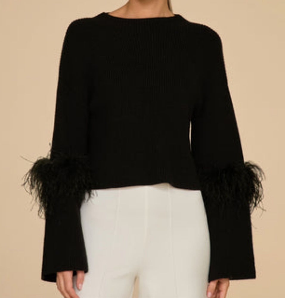 Bella Feather Trim Sweater - Black